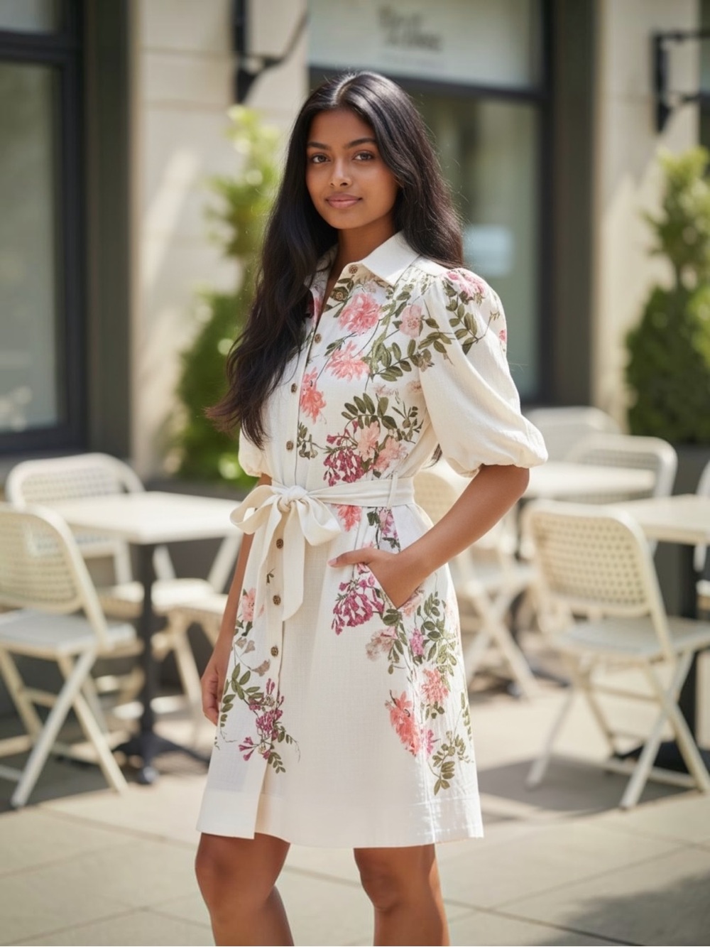 TAYLOR FLORAL PUFF SLEEVE BELTED SHIRT DRESS WHITE PINK GREEN SIZE 2 NWOT